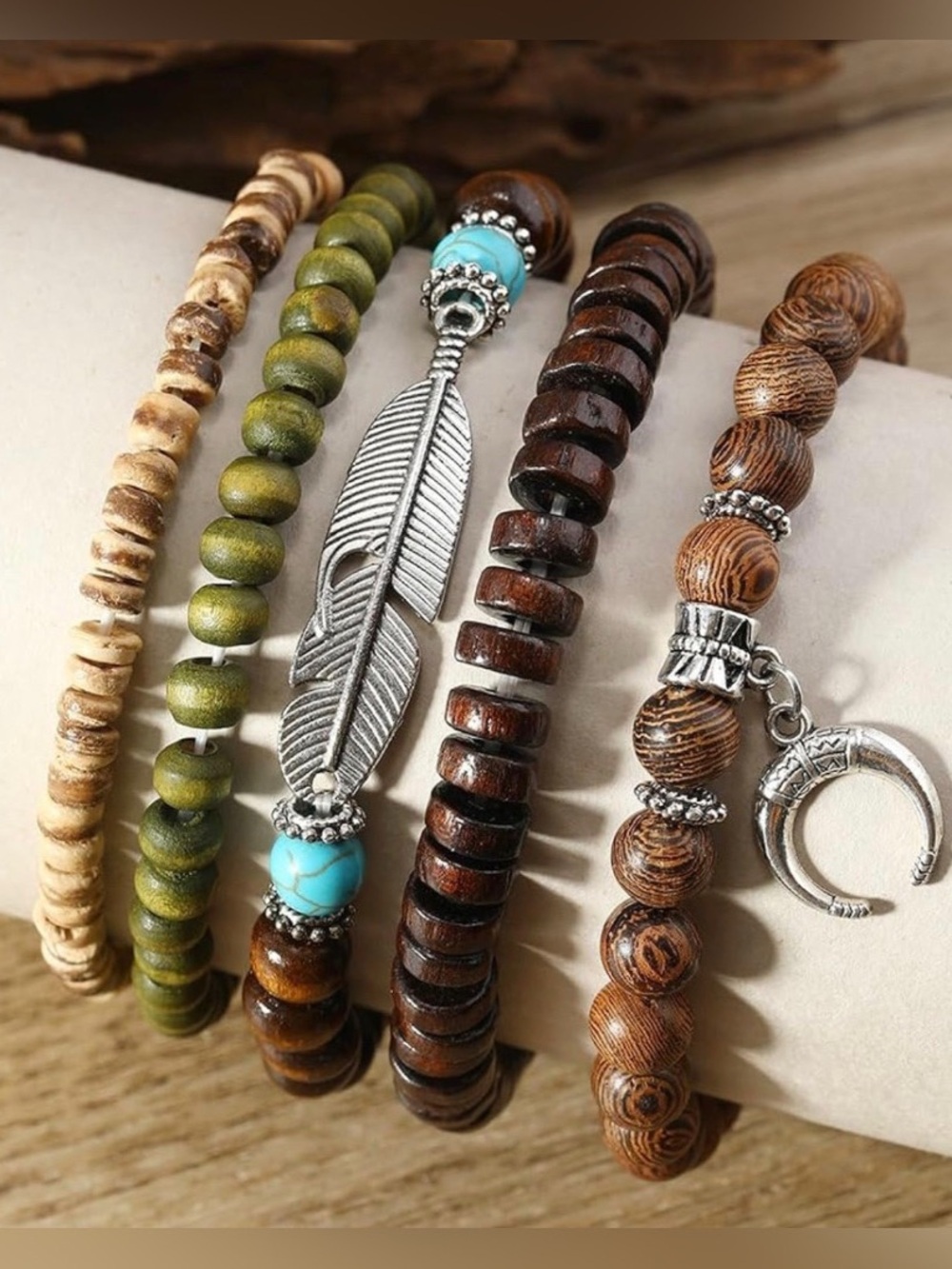 🌙✨5pcs Western Brown, Olive & Turquoise Beaded Layered Bracelet Set - Picture 7 of 7